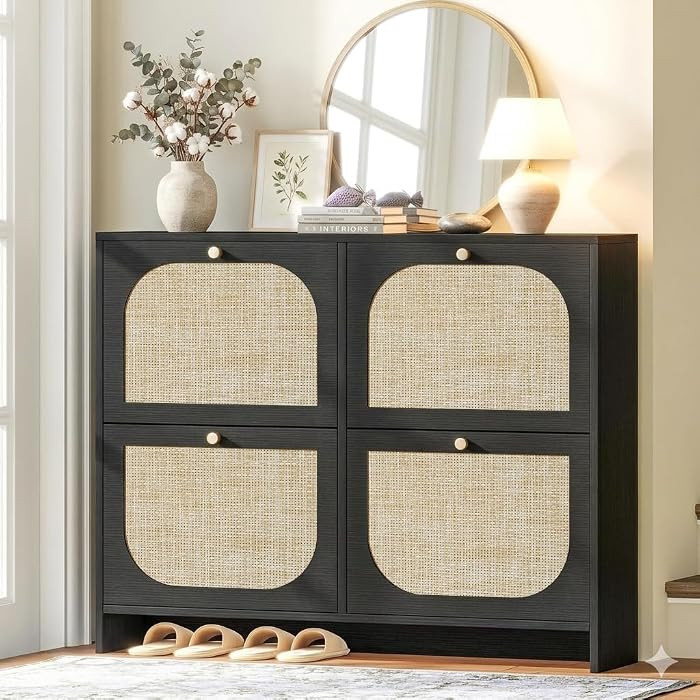 Shoe Storage Cabinet for Entryway, Rattan Vintage Flip Shoe Rack- 4 Flip Drawers & 3-Tier Adjusta... | Amazon (US)