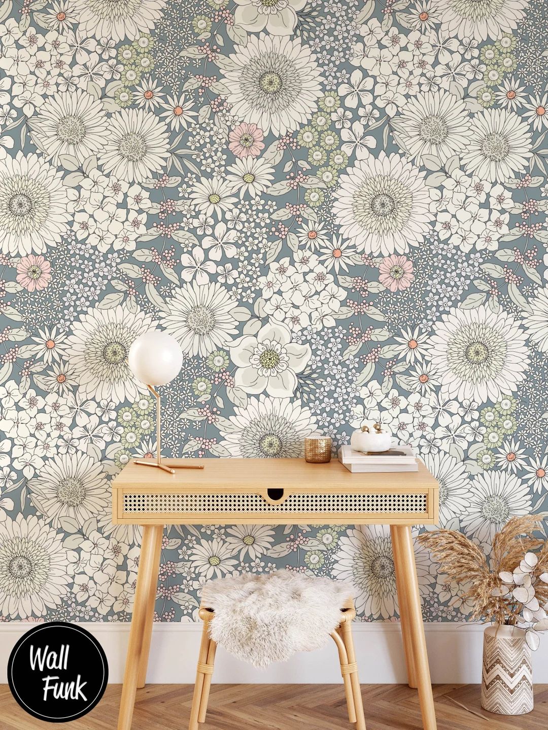Removable Floral Grey Wallpaper, Bedroom & Entryway Vintage Botanical Flower Mural, Office or Stu... | Etsy (US)