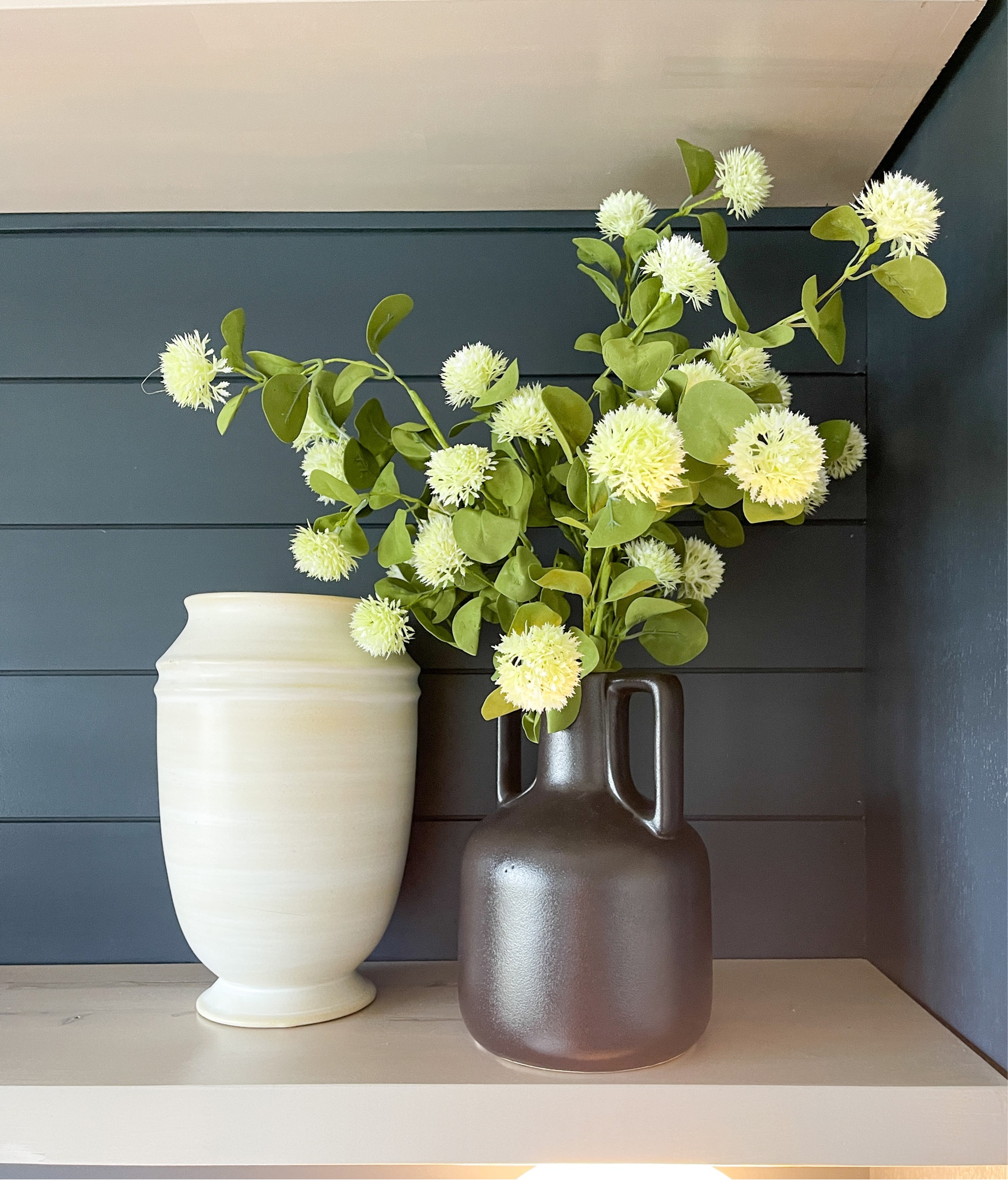 Artisanal vases, shelf decor, faux florals 
Butcher block floating shelves 
Linked a bunch of similar vases and pitchers 

Paint color: Valspar Chimney Smoke 

#LTKstyletip #LTKFind #LTKhome
