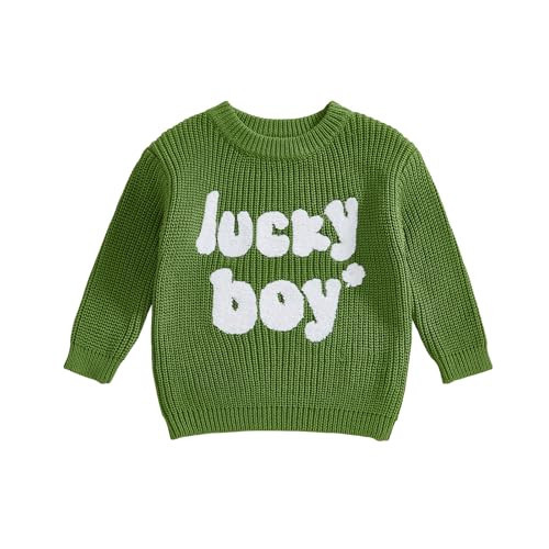 Eurvoku Infant Toddler Baby Boy St Patricks Day Outfit Lucky Boy Embroidery Knit Sweater Long Sleeve Knitted Pullover Top (A-Green, 18-24 Months) | Amazon (US)