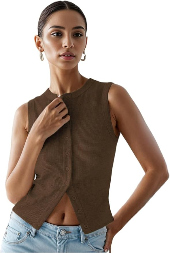 Women’s Button Down Tank Tops Ribbed Summer Vest Button Up Open Front Sleeveless Slim Fit Crop ... | Amazon (US)