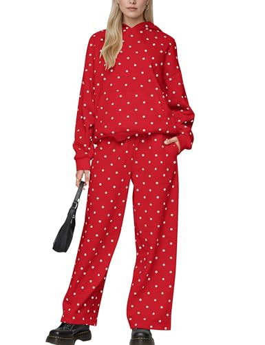 Lauweion Red and White Polka Dot Set for Women’s Oversized Hooded Sweatshirts and Wide Leg Sweatpants Casual 2 Piece Outfits | Amazon (US)