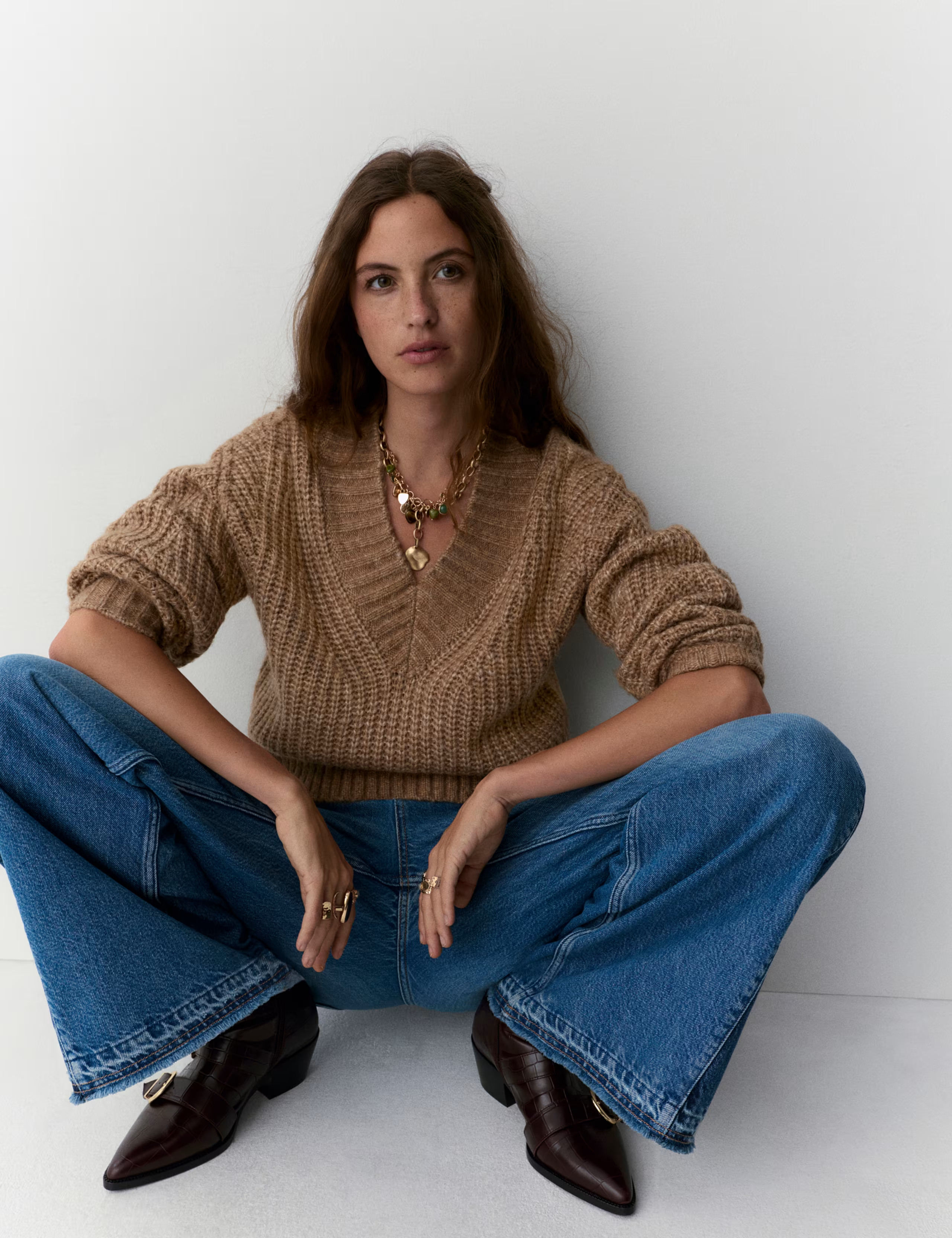 Ribbed V-Neck Puff Sleeve Jumper with Wool | Per Una | M&S | Marks & Spencer (UK)