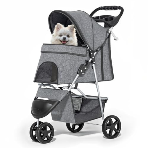 MoNiBloom 3 Wheels Pet Dog Cat Stroller for Small Medium Dogs and Cats, Lightweight Foldable Jogger Stroller w/Storage Basket and Cup Holder, Gray | Amazon (US)