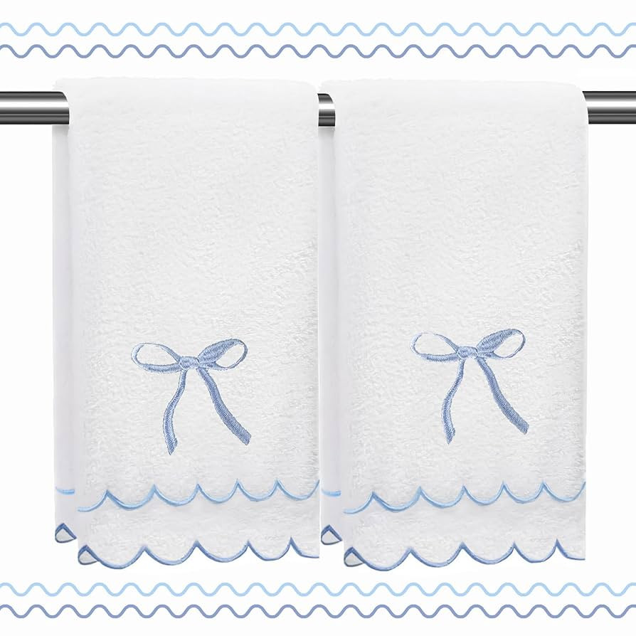 2 Pcs Coquette Bow 100% Cotton Hand Towels for Bathroom Scalloped Hand Towels 16 * 27 Inch Embroi... | Amazon (US)
