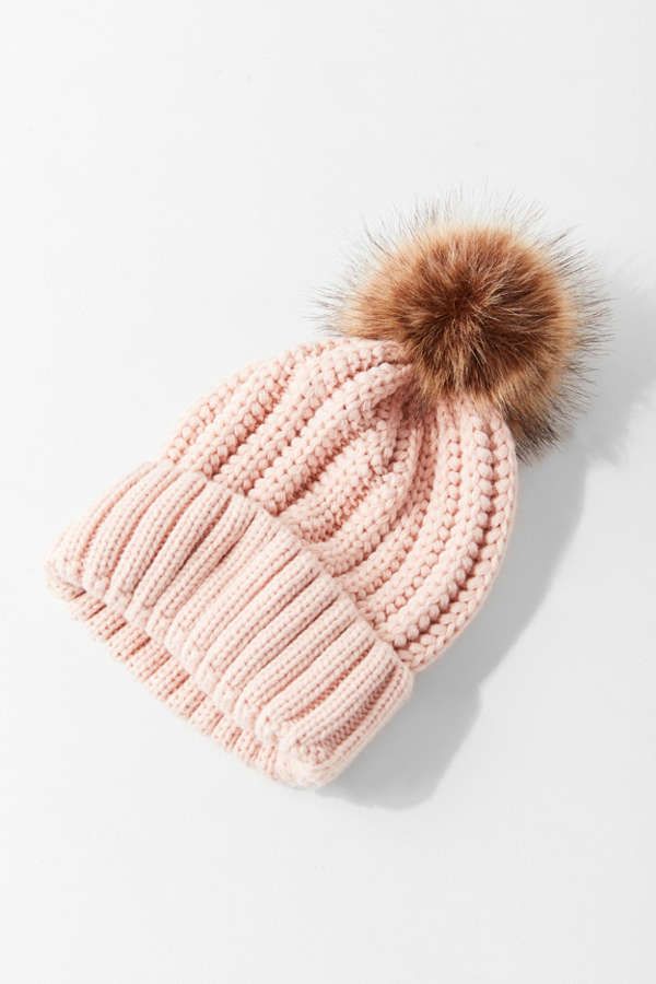Chunky Knit Faux Fur Pompom Beanie | Urban Outfitters US