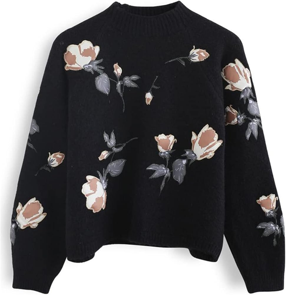 CHICWISH Women's Grey/Black/Cream Digital Floral Print Embroidered Knit Sweater | Amazon (US)