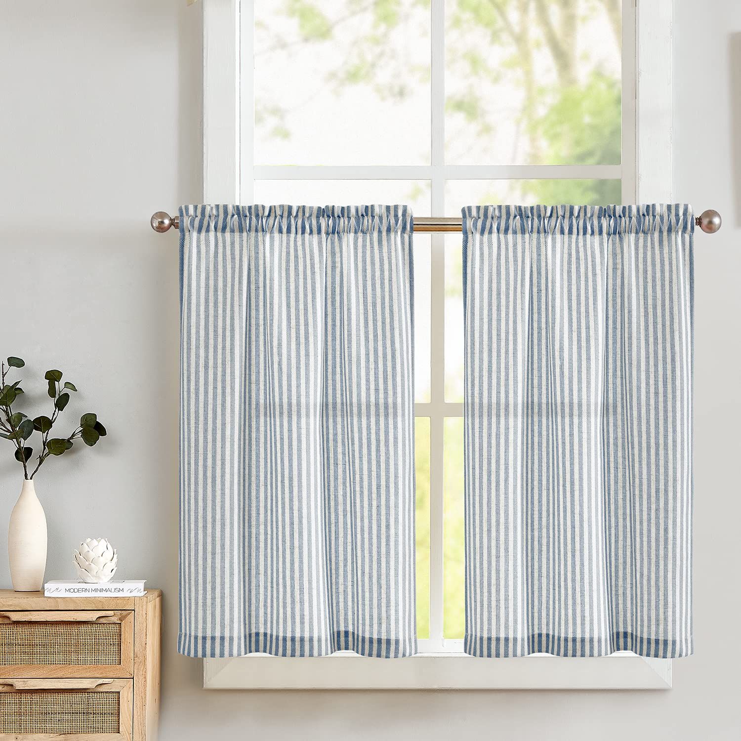 Lazzzy Kitchen Curtains Linen Cafe Curtains Tiers for Kitchen Bathroom Cabinet Ticking Pinstriped Fa | Amazon (US)