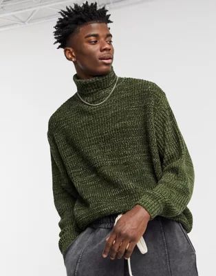 ASOS DESIGN knit oversized rib turtleneck sweater in khaki twist | ASOS (Global)