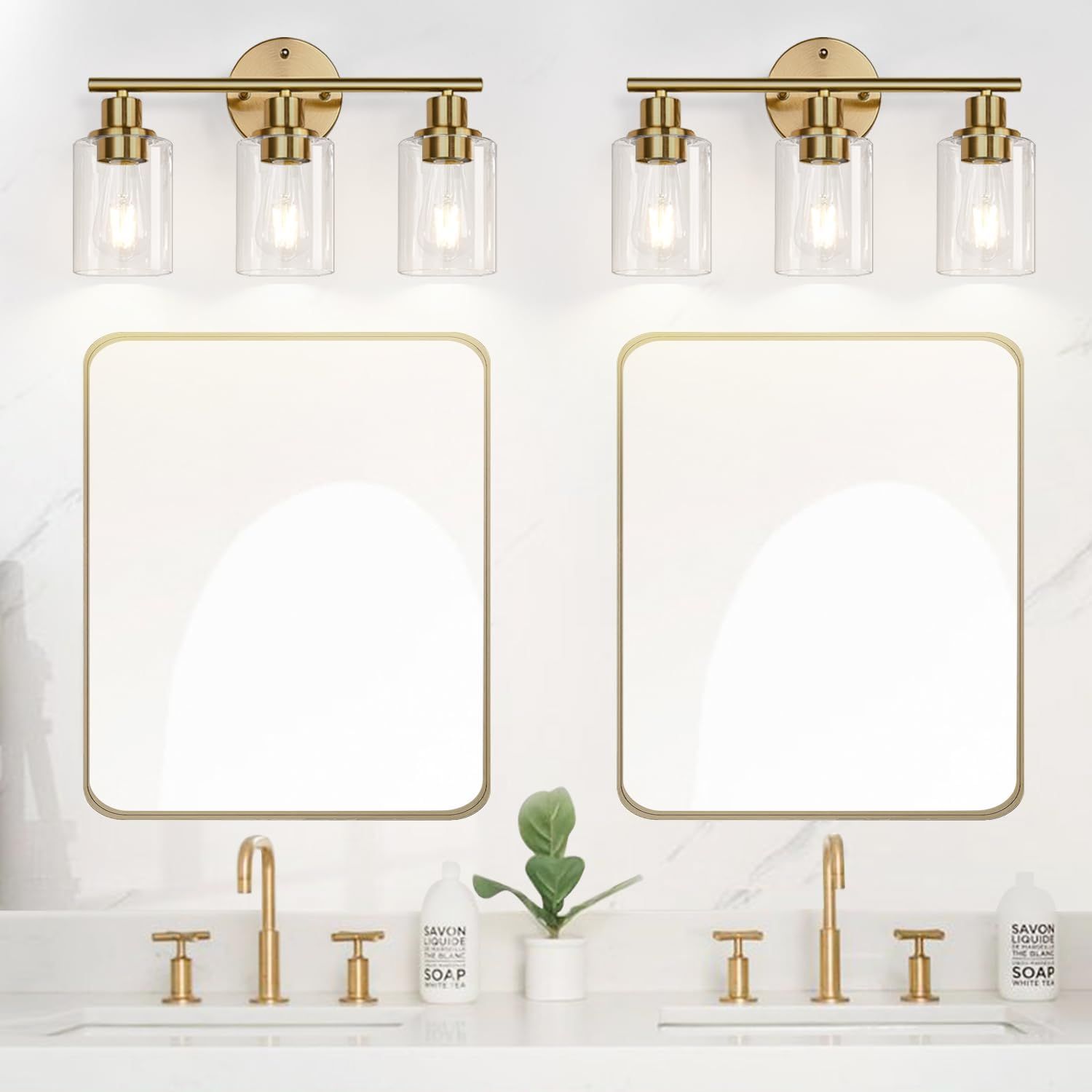 3-Light Gold Bathroom Light Fixtures, Modern Bathroom Vanity Light with Clear Glass Shade, Brushe... | Amazon (US)