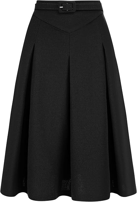 Allegra K Women's Office Work Skirts Belted Waist Midi A-Line Pleated Skirt | Amazon (US)