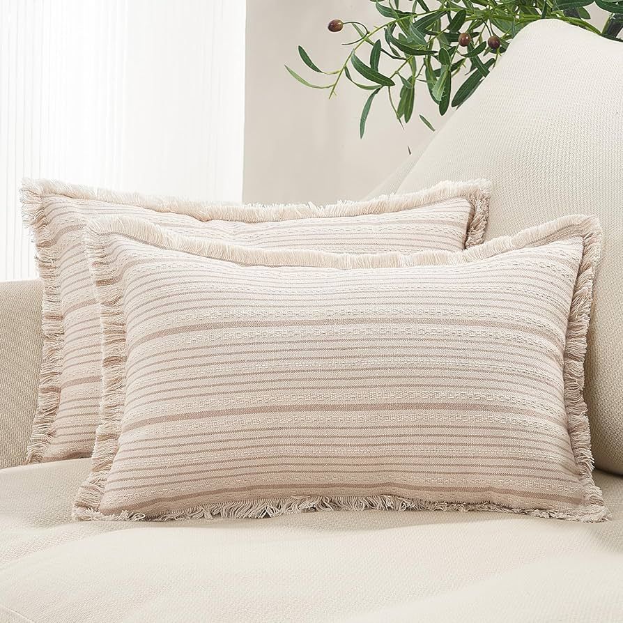 Topfinel Tan Stripes Throw Pillow Cover with Tassels 12x20 Set of 2, Boho Textured Lumbar Pillow ... | Amazon (US)