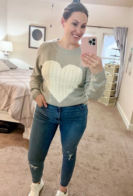 Heart sweater from Amazon. I’m wearing a size large. (Normally a 10/12) fits true to  size and comes in multiple colors! 

Midsize outfit, midsize fashion, midsize, Amazon finds, affordable style, affordable outfits 

#LTKmidsize #LTKstyletip #LTKSeasonal