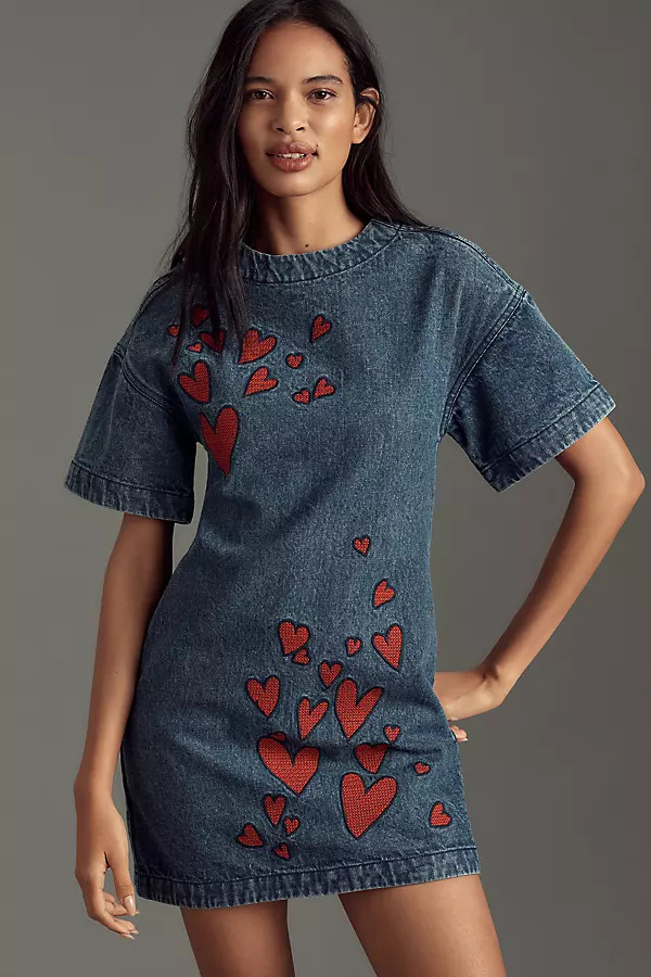 Dhruv Kapoor Short-Sleeve Embroidered Heart Denim Mini Dress | Anthropologie (US)