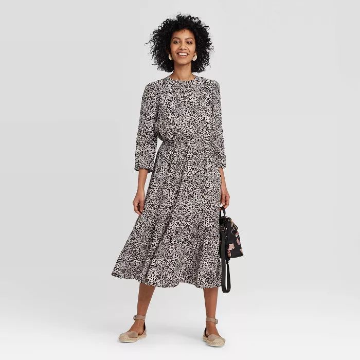 Women's Animal Print Long Sleeve Crewneck Tiered Maxi Dress - A New Day™ Black | Target
