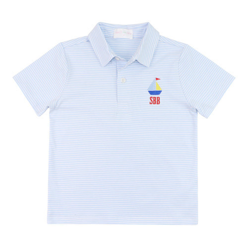 Blue Knit Stripe Embroidered Sailboat Polo Shirt | Cecil and Lou