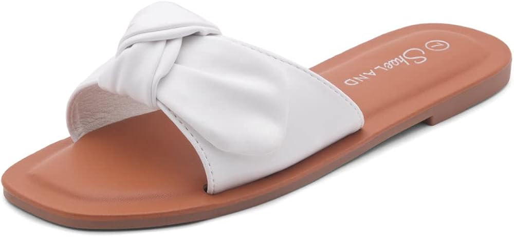 Shoe Land Amilie Women's Square Open Toe Slide Slip on Bow Tie Flat Sandals for Summer | Amazon (US)