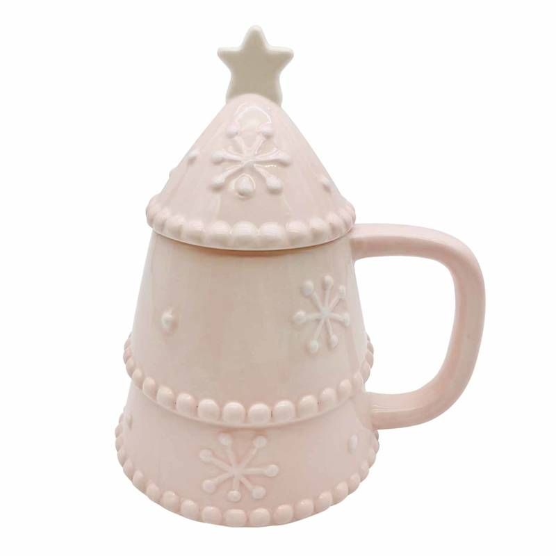 Pink Ceramic Christmas Tree Mug With Lid, 14oz | At Home