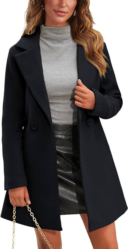 Springrain Women's Wool Pea Coat Notched Collar Double Breasted Midi Long Trench Coat Outwear | Amazon (US)