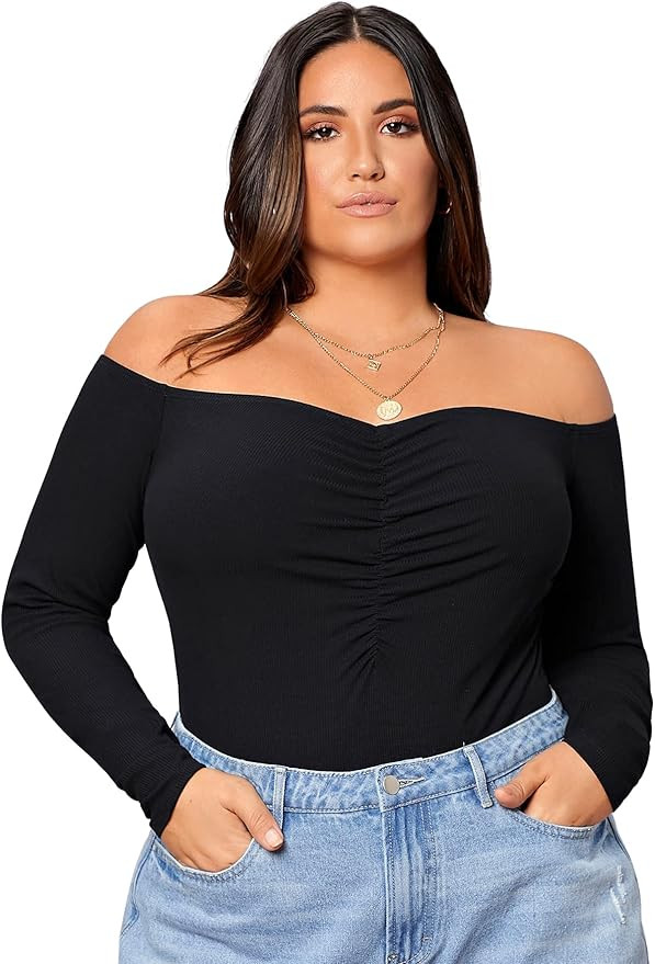 WDIRARA Women's Plus Size Off The Shoulder Long Sleeve Ruched Bodysuit Tops at Amazon Women’s C... | Amazon (US)