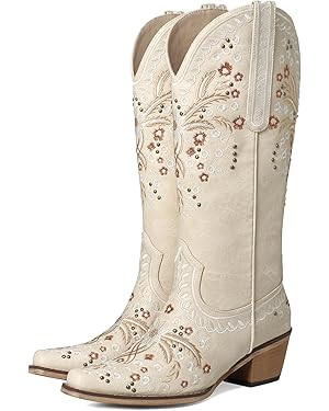 White Cowboy Knee High Boots for Women - Trendy Wide Calf Denim Boots with Embroidery and Over-th... | Amazon (US)