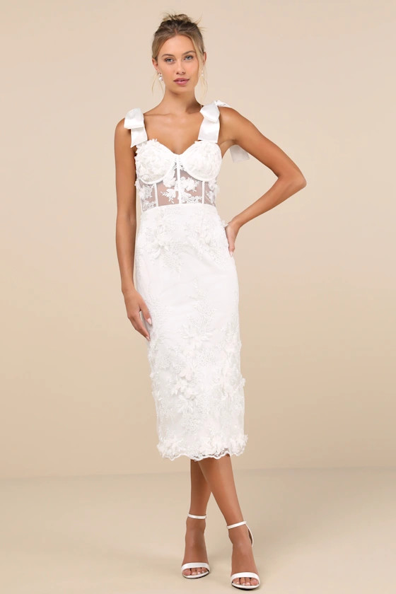 Exquisite Charisma White 3D Floral Bustier Tie-Strap Midi Dress | Lulus