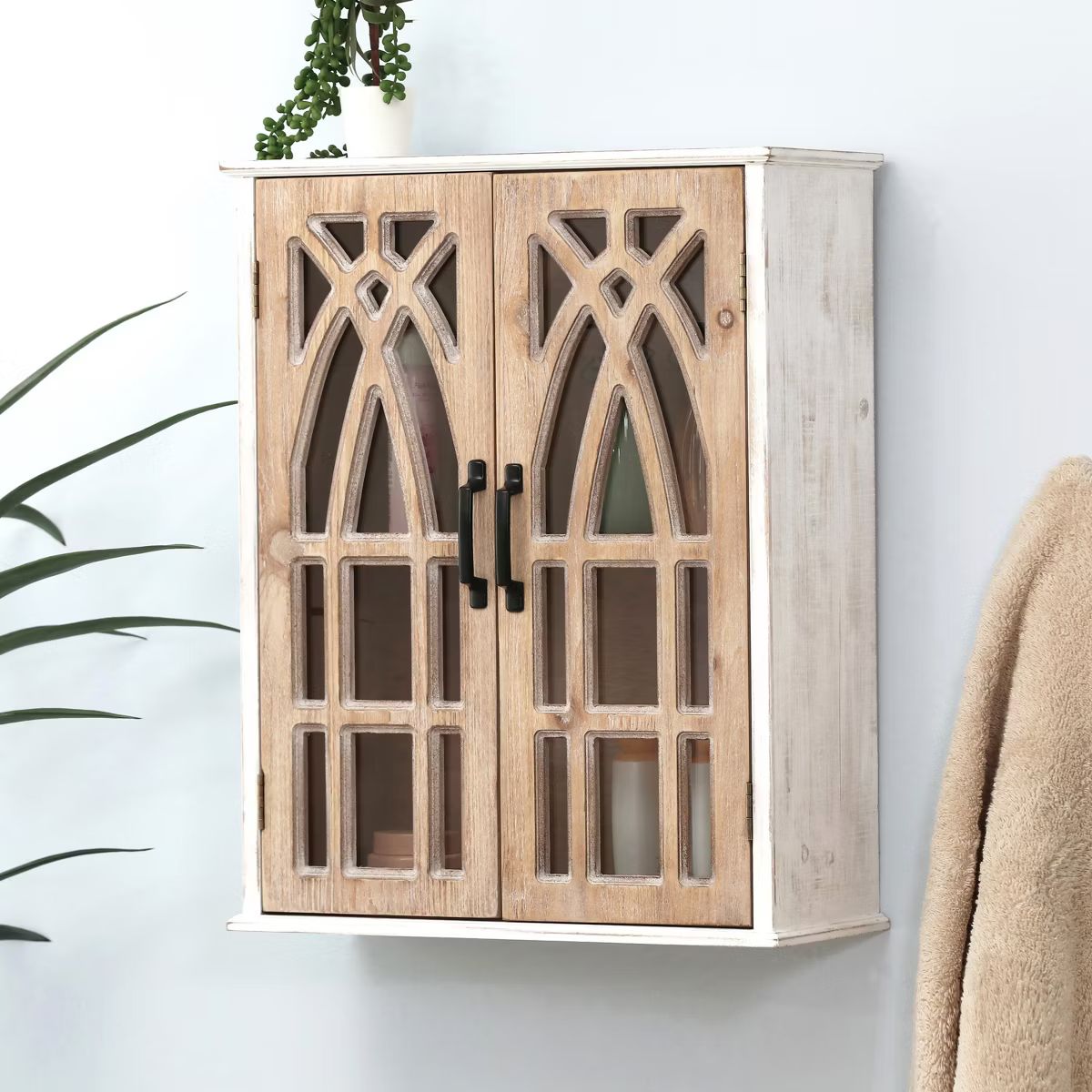 LuxenHome Farmhouse White and Natural MDF Wood Cathedral-Style 2-Door Wall Cabinet | Target