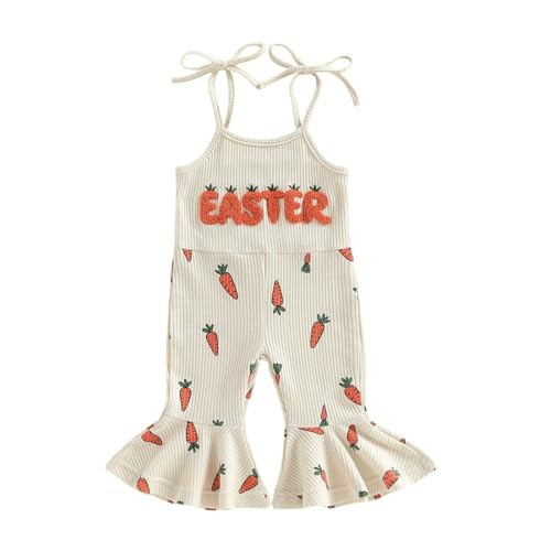 TUSFTAY Baby Girl Easter Outfit Cute Sleeveless Carrot Letters Flare Pants Romper Toddler Little Girls Easter Jumpsuit (Khaki, 0-6 Months) | Amazon (US)