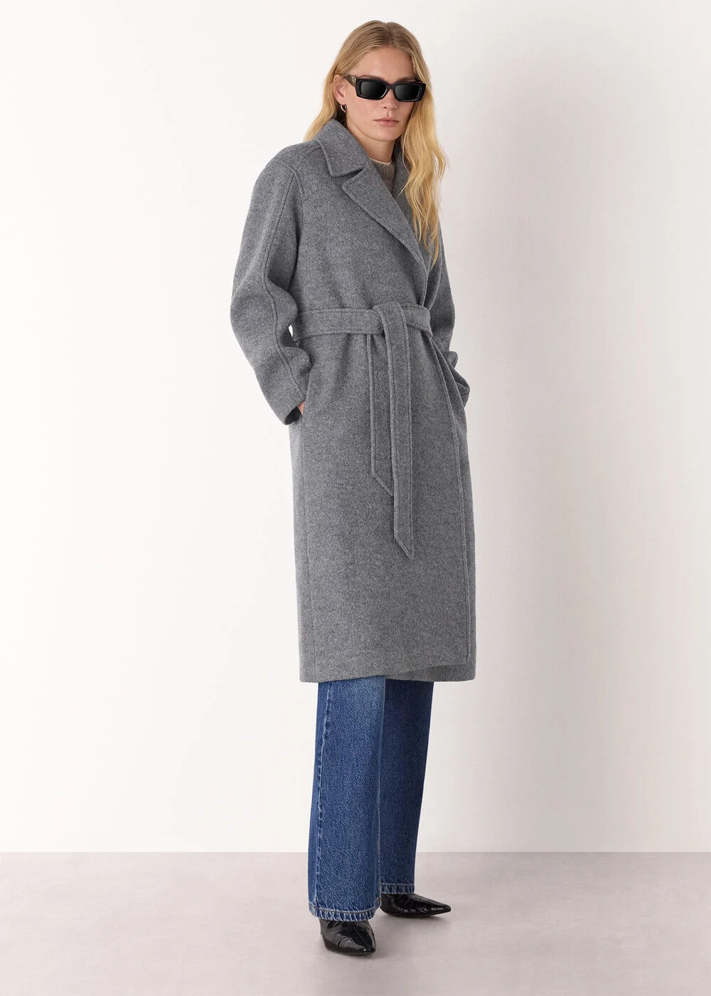 Grey Long Belted Wool Coat | WHISTLES | Whistles UK | | Whistles