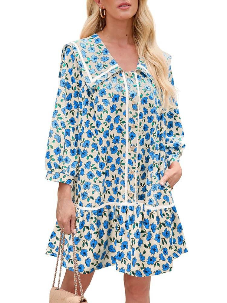 Wenrine Womens Casual Shirt Dresses 3/4 Long Sleeve Floral Button Down Flowy Babydoll Fall Mini D... | Amazon (US)