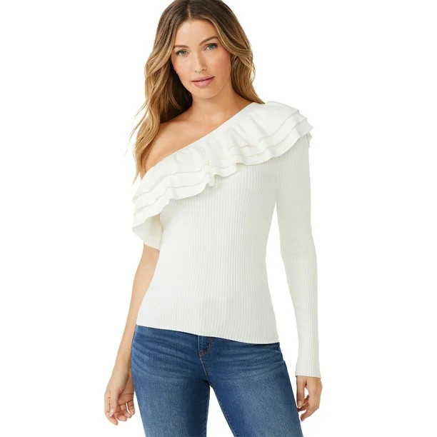Sofia Jeans by Sofia Vergara Women's One-Shoulder Ruffle Sweater - Walmart.com | Walmart (US)