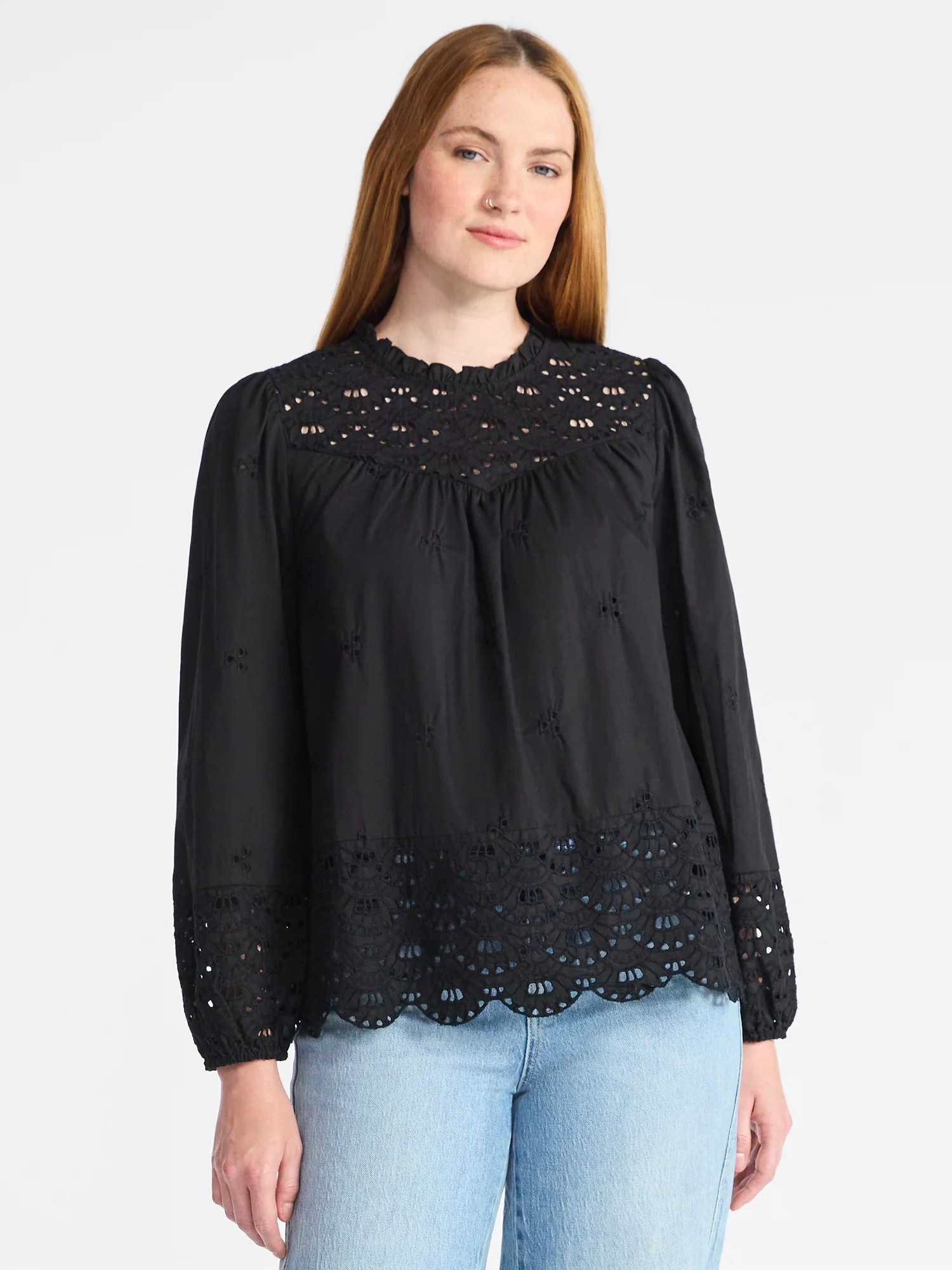 Time and Tru Women's Cotton Eyelet Blouse with Long Sleeves, Sizes XS-XXXL | Walmart (US)