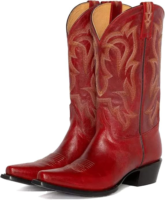 Yolkomo Cowboy Boots for Women Red Cowgirl Boots Mid Calf High Distressed Western Boots | Amazon (US)