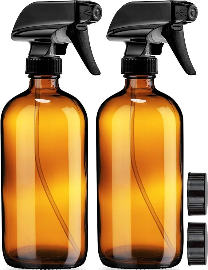 Empty Amber Glass Spray Bottles with Labels (2 Pack) - 16oz Refillable Container for Essential Oi... | Amazon (US)