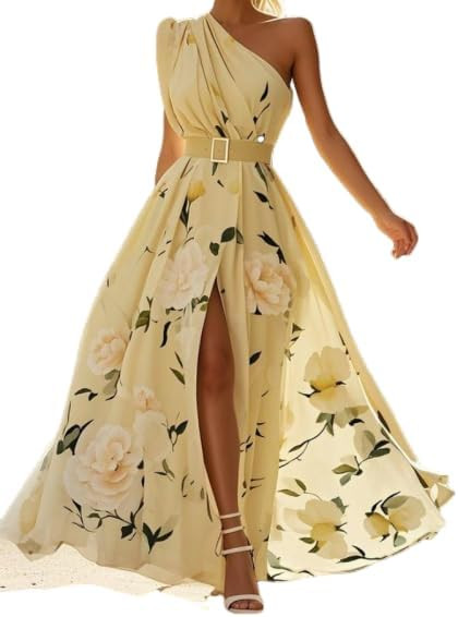 Summer Dresses for Women 2026 Elegant Floral Maxi Dress One Shoulder Belted High Slit Chiffon Bea... | Amazon (US)