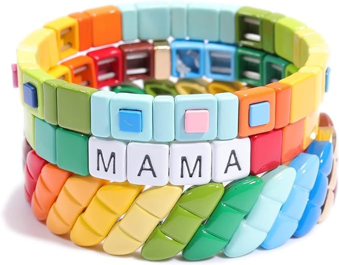 Coolcos Tile Bracelets Stackable Enamel Stretch Tile Bracelet Rainbow Colorblock Beads Bracelets ... | Amazon (US)