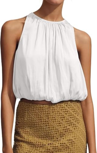 Womens Summer Halter Tops Cute Sleeveless Crewneck Puffy Hem Bubble Crop Tank Top Casual Dressy G... | Amazon (US)