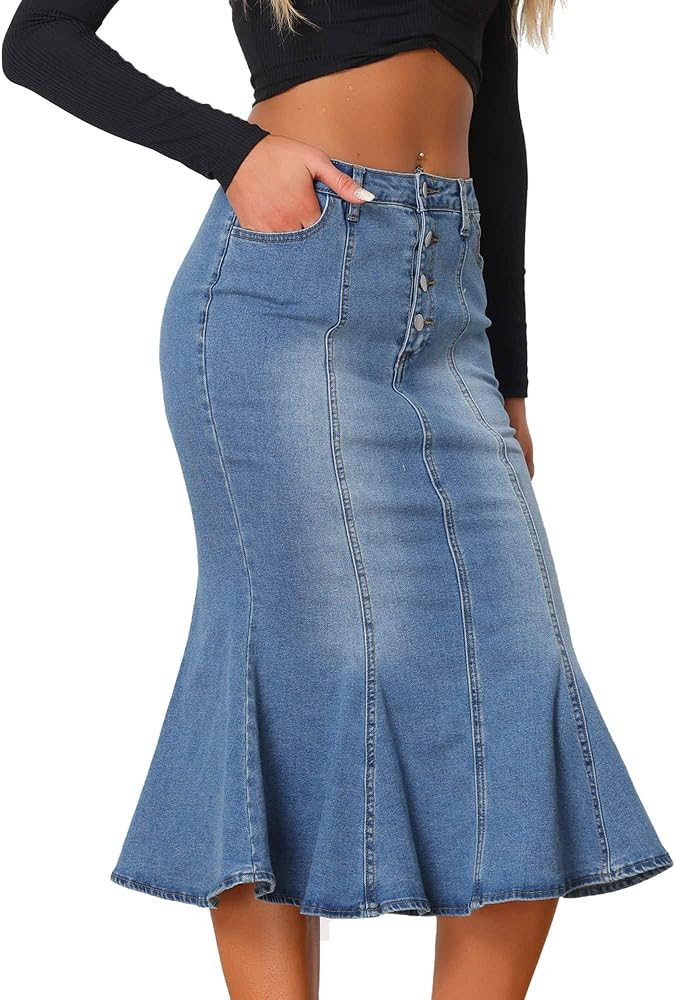 Allegra K Denim Skirt for Women's Washed High Waisted Fishtail Midi Jean Skirts | Amazon (US)