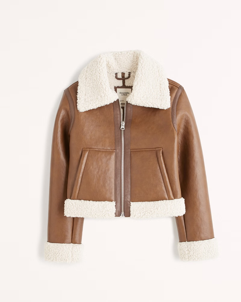Sherpa-Lined Vegan Leather Shearling Jacket | Abercrombie & Fitch (US)