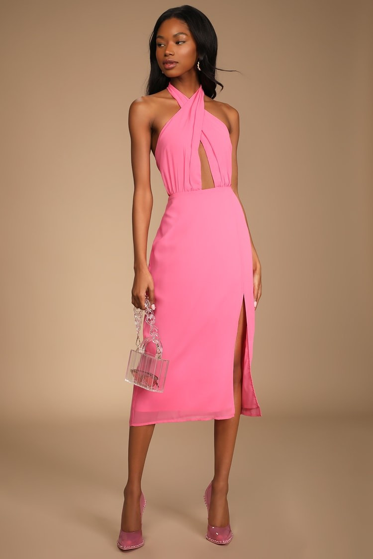 Flirty Chic Bright Pink Cutout Twist-Front Halter Midi Dress- Date Night Dress | Lulus (US)