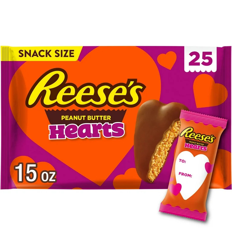 Reese's Milk Chocolate Snack Size Peanut Butter Hearts Valentine's Candy, Bag 15 oz, 25 Pieces | Walmart (US)