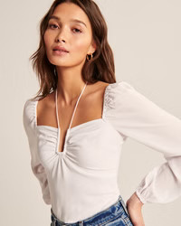 Long-Sleeve Faux Silk Cinched Top | Abercrombie & Fitch (US)