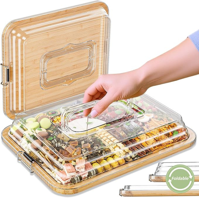 Charcuterie Boards with Foldable Lid, Portable Bamboo Cheese Board with Single Compartments, Clea... | Amazon (US)