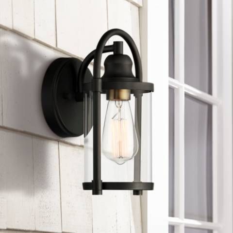 Avani 10 1/4" High Black and Brass Outdoor Wall Light - #88A83 | Lamps Plus | Lamps Plus