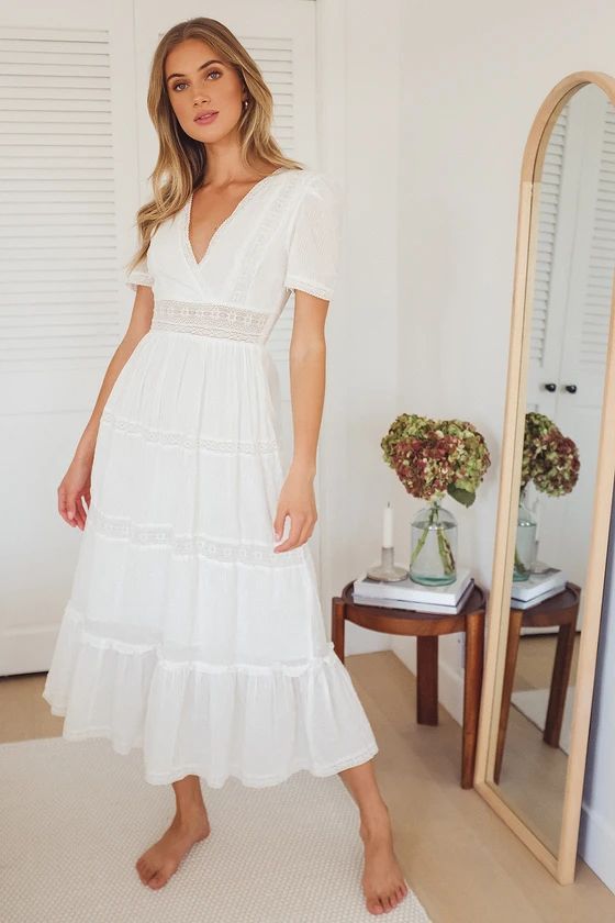 Folklore White Swiss Dot Lace Tiered Midi Dress | Lulus (US)