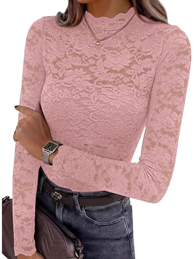 PRETTYGARDEN Womens Lace Long Sleeve Top Mesh Sheer Blouses Mock Neck See Through Slim Fitted Top... | Walmart (US)