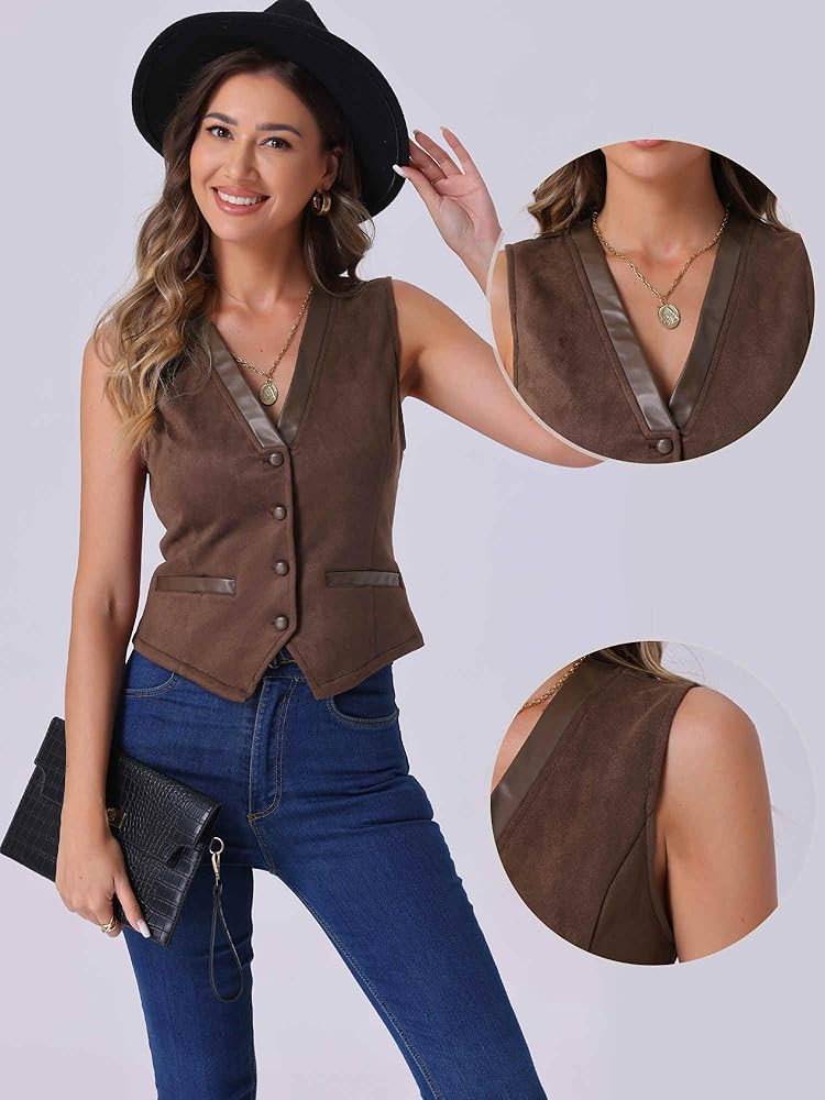 Allegra K Faux Suede Suit Vest for Women Dressy V Neck Sleeveless Western Vest Jacket Waistcoat | Amazon (US)