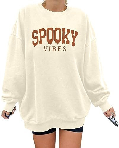 BANGELY Oversized Halloween Sweatshirt Women Vintage Spooky Season Pullover Top Spooky Vibes Letter Print Long Sleeve Shirt Beige | Amazon (US)