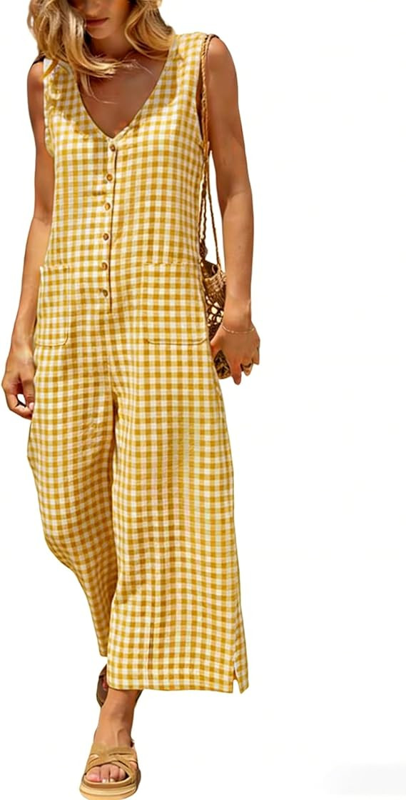 UANEO Women Button Down Gingham Plaid Jumpsuit Casual Sleeveless Wide Leg Romper Relaxed Summer O... | Amazon (US)