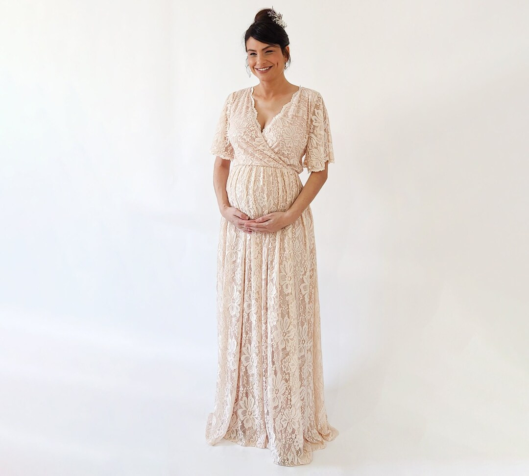 Maternity Blush Wrap Lace Bohemian Wedding Dress, Butterfly Sleeves With Pockets , Maternity Dres... | Etsy (US)